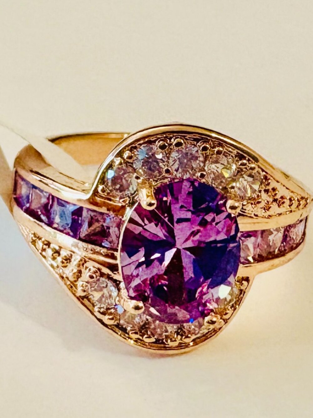 Purple Cubic Zirconia Statement Ring Size 6 Gold Tone Sparkling Cocktail Ring